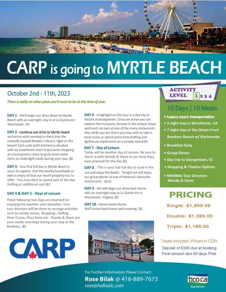 CARP Mississauga is going to Myrtle Beach – Halton Invited to Join Them –  Halton Seniors Advocacy Group